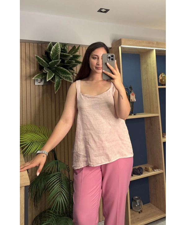 Askılı Arkadan Bağlamalı Keten Bluz Pembe