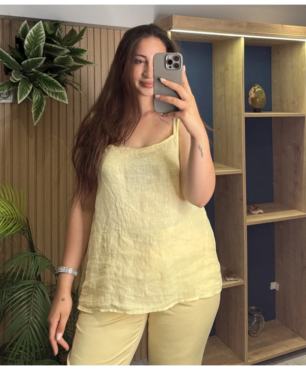 Askılı Arkadan Bağlamalı Keten Bluz Sarı