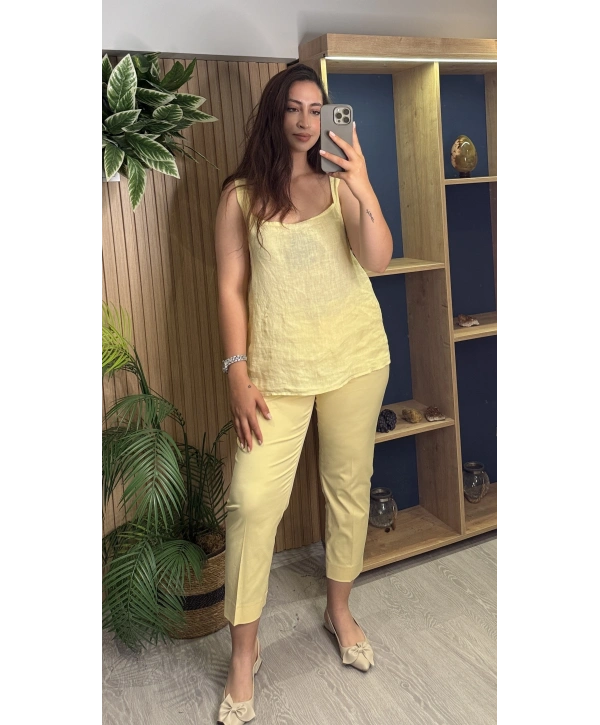 Askılı Arkadan Bağlamalı Keten Bluz Sarı