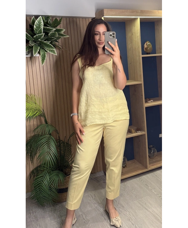 Askılı Arkadan Bağlamalı Keten Bluz Sarı