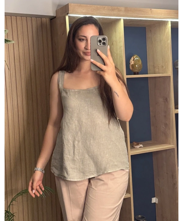 Askılı Arkadan Bağlamalı Keten Bluz Vizon