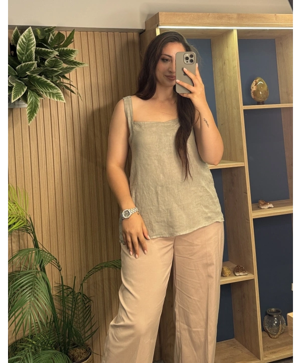 Askılı Arkadan Bağlamalı Keten Bluz Vizon