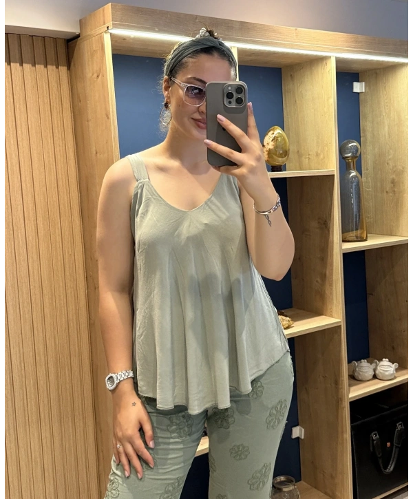Askılı Pamuk Viscon Bluz Haki