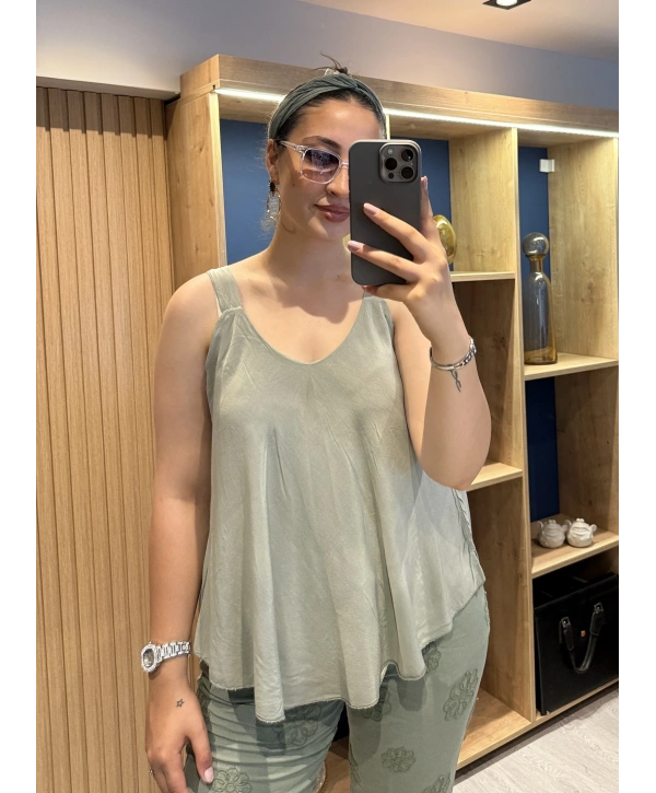 Askılı Pamuk Viscon Bluz Haki