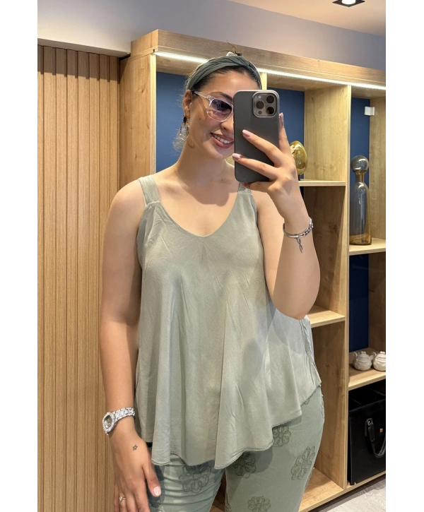 Askılı Pamuk Viscon Bluz Haki