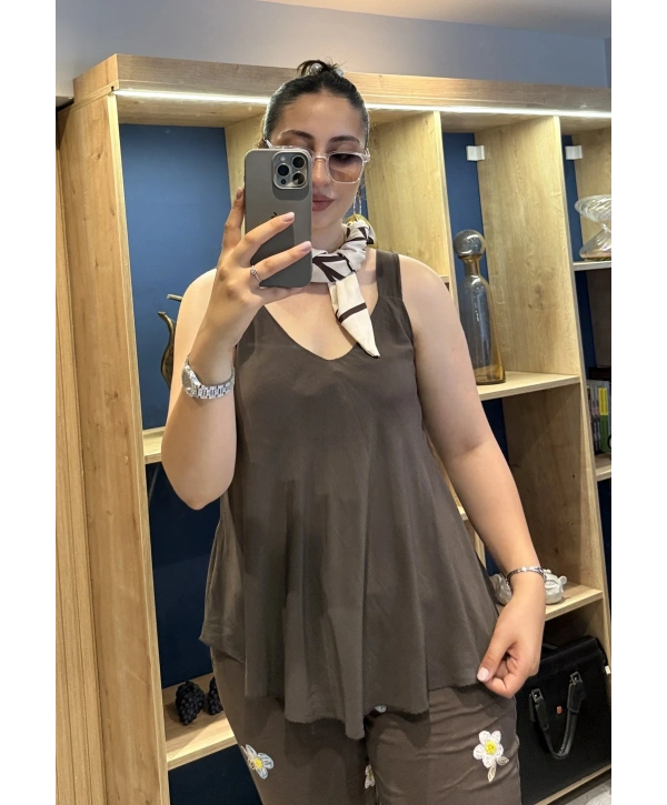 Askılı Pamuk Viscon Bluz Kahverengi