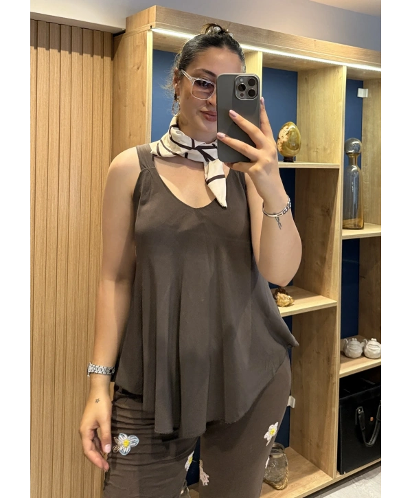 Askılı Pamuk Viscon Bluz Kahverengi