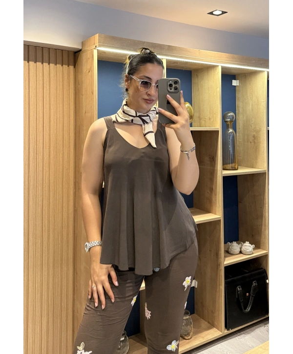 Askılı Pamuk Viscon Bluz Kahverengi