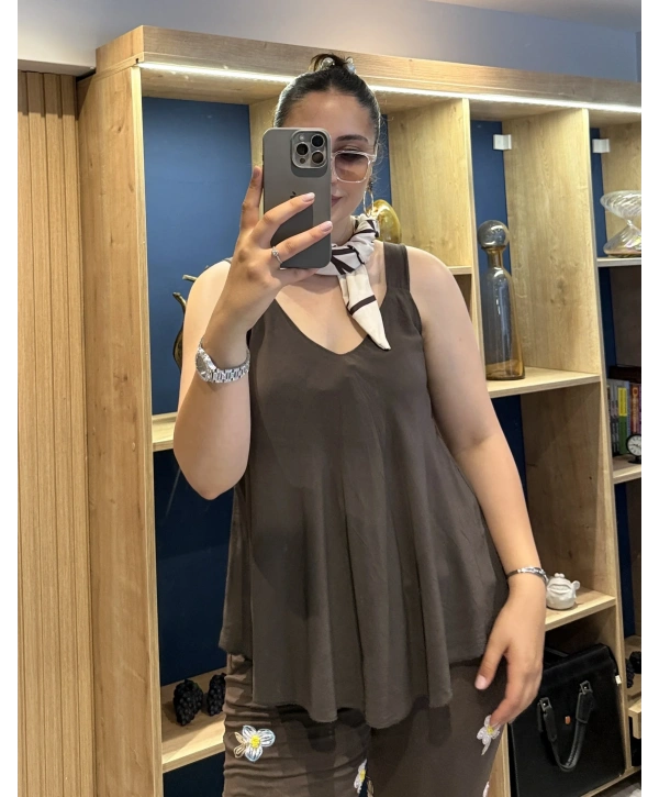 Askılı Pamuk Viscon Bluz Kahverengi