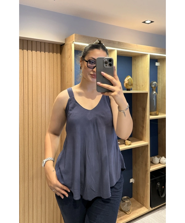 Askılı Pamuk Viscon Bluz Lacivert