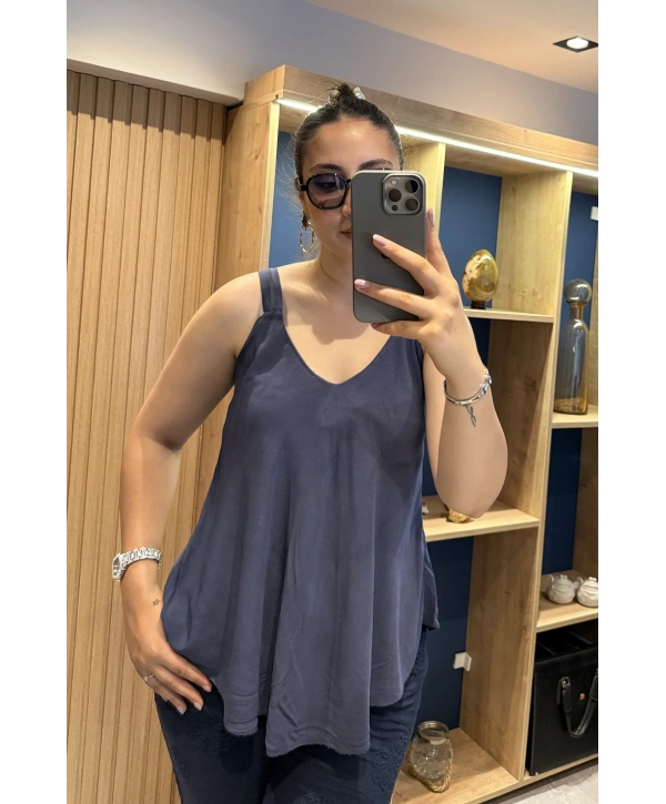 Askılı Pamuk Viscon Bluz Lacivert