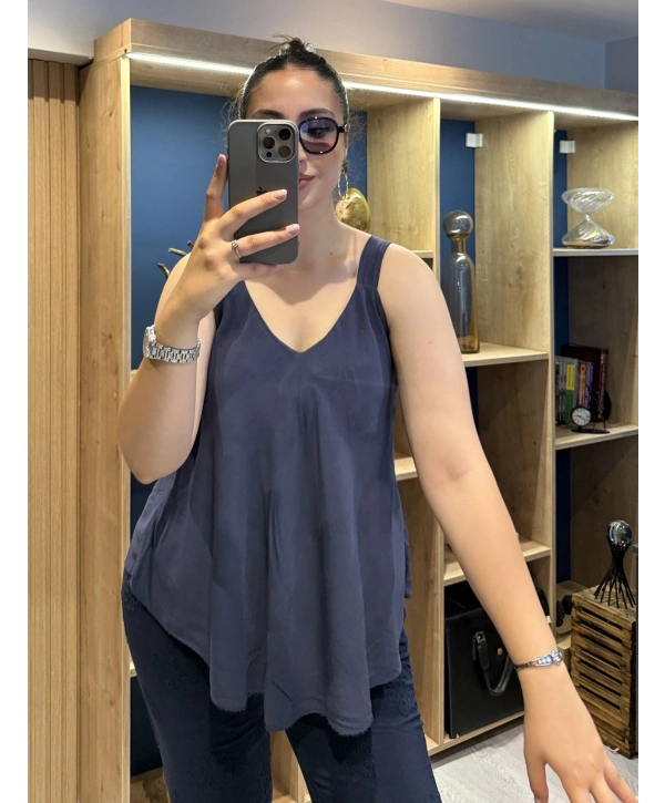 Askılı Pamuk Viscon Bluz Lacivert