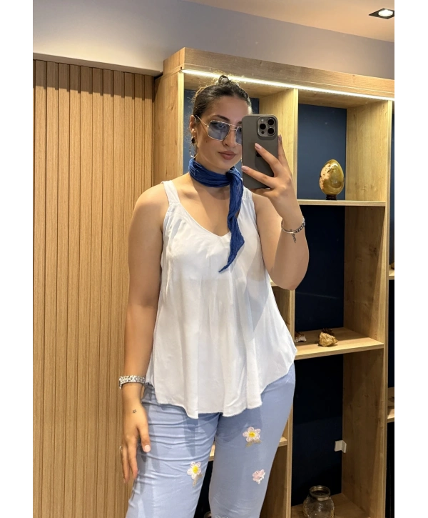 Askılı Pamuk Viscon Bluz Mavi