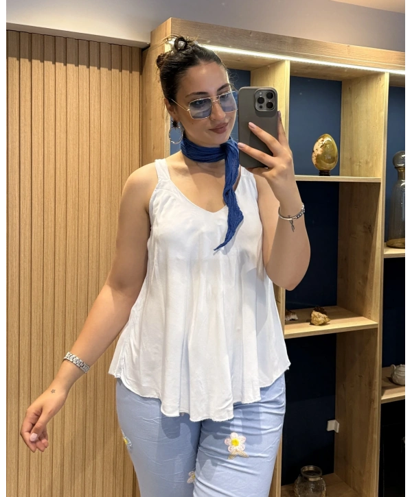 Askılı Pamuk Viscon Bluz Mavi