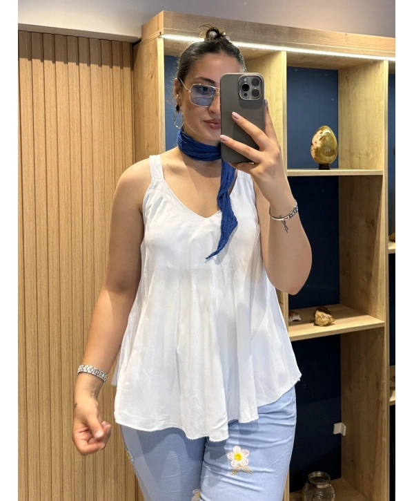 Askılı Pamuk Viscon Bluz Mavi