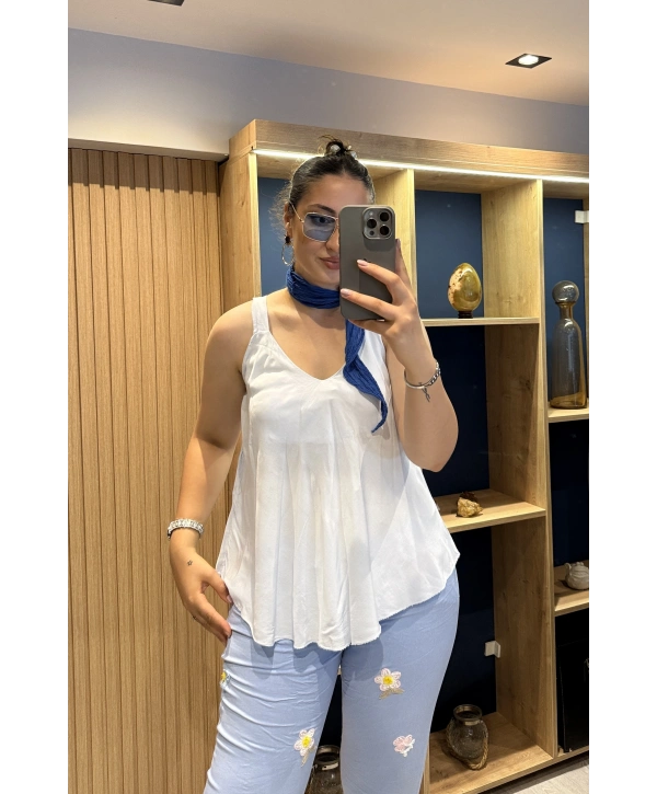 Askılı Pamuk Viscon Bluz Mavi
