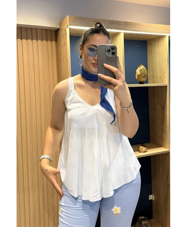 Askılı Pamuk Viscon Bluz Mavi