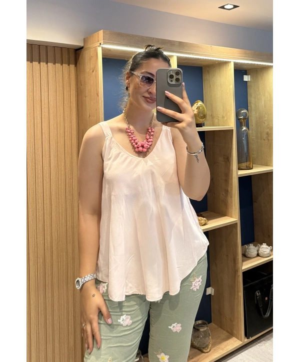 Askılı Pamuk Viscon Bluz Pembe