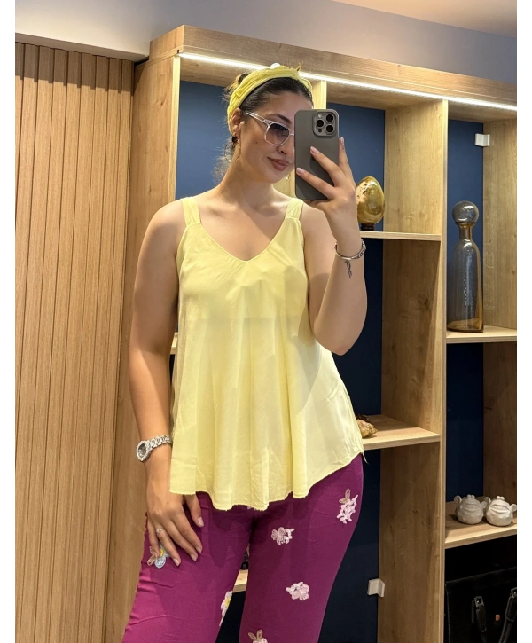 Askılı Pamuk Viscon Bluz Sarı
