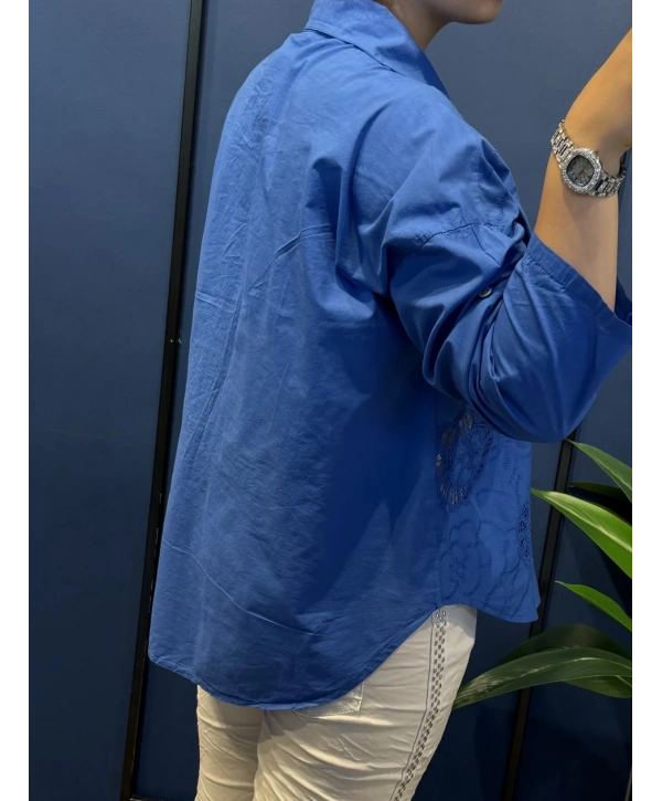 Çiçeği Fisto Desenli Pamuk Gömlek Sax
