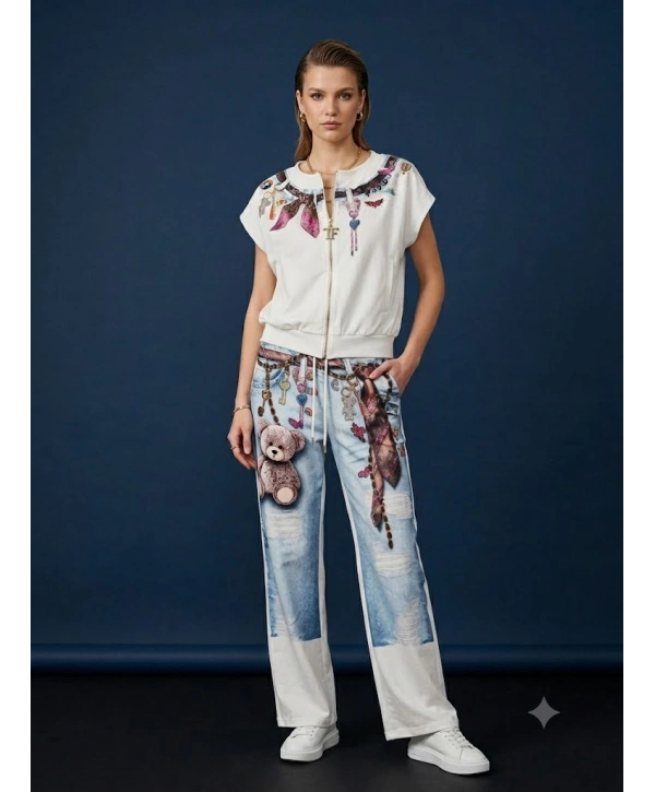 Denim Görünümlü Teddy & Charms Eşofman Takımı Beyaz