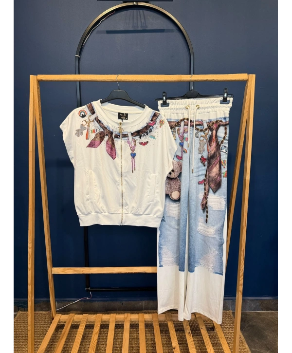 Denim Görünümlü Teddy & Charms Eşofman Takımı Beyaz