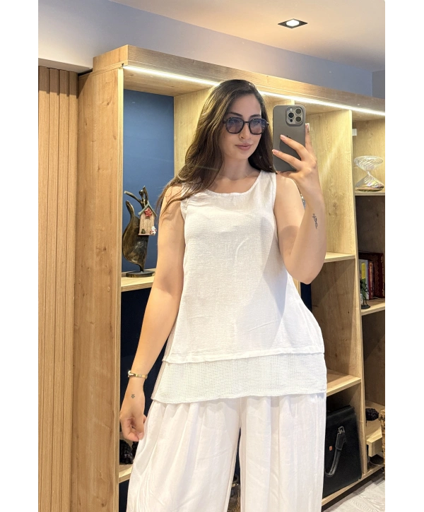 Eteği File Detaylı Kolsuz Keten Bluz Beyaz