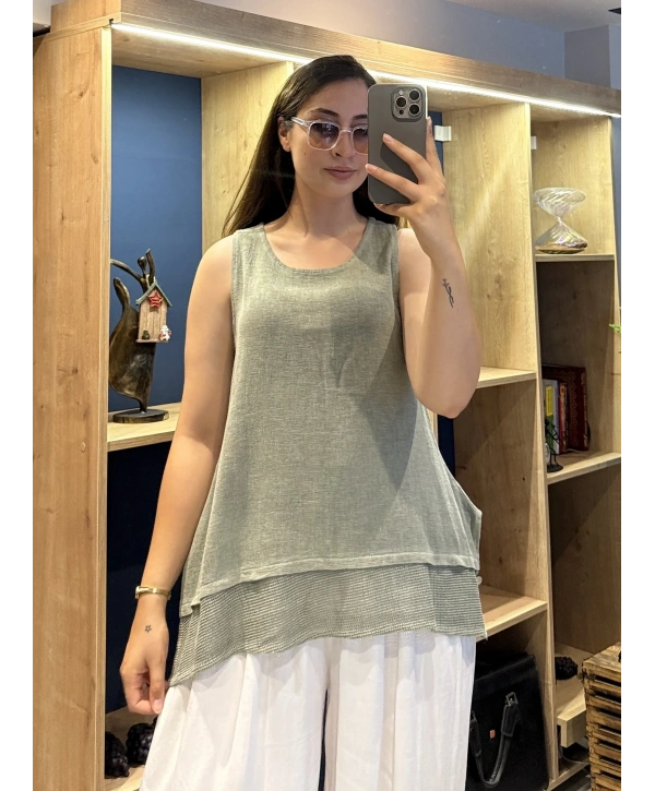 Eteği File Detaylı Kolsuz Keten Bluz Haki