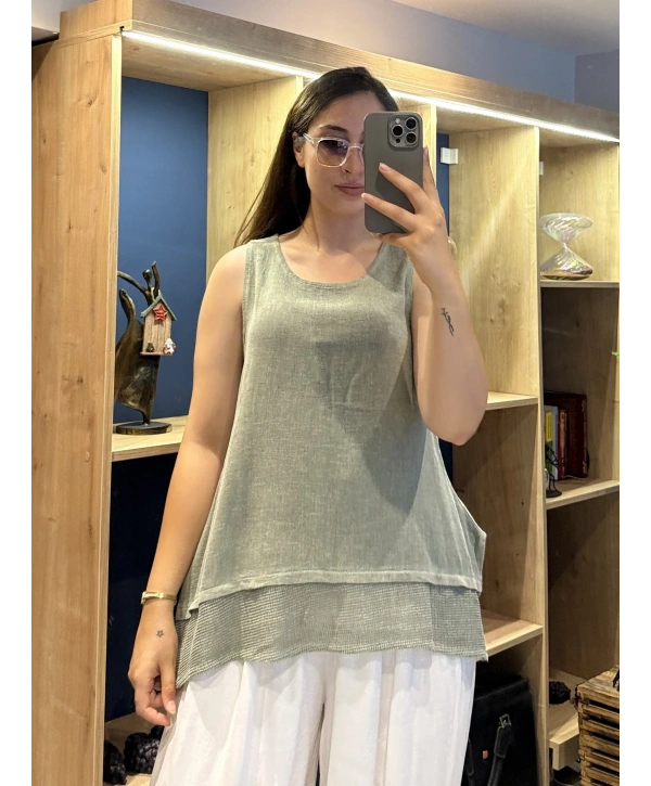 Eteği File Detaylı Kolsuz Keten Bluz Haki