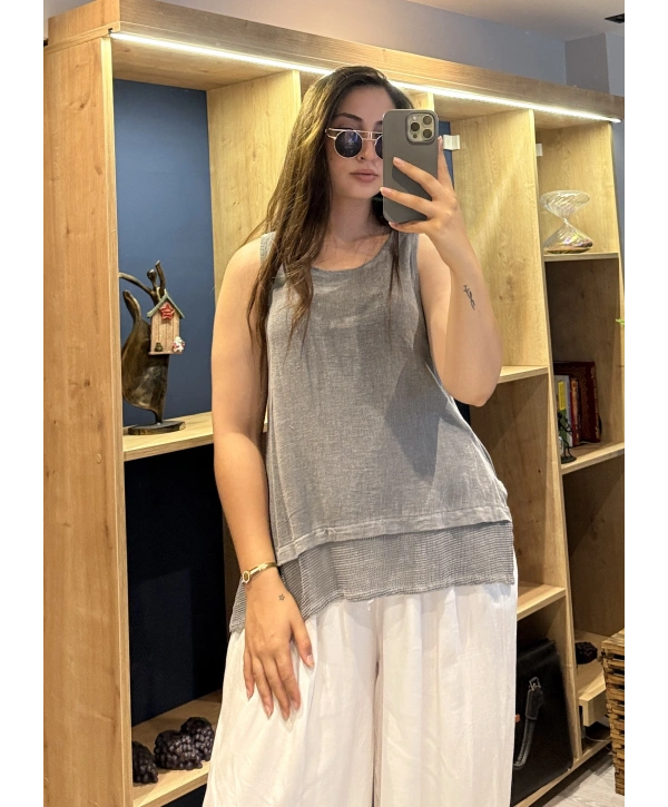Eteği File Detaylı Kolsuz Keten Bluz Kahve