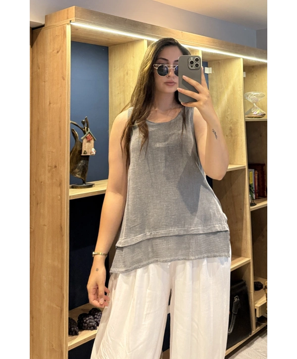 Eteği File Detaylı Kolsuz Keten Bluz Kahve