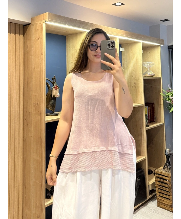 Eteği File Detaylı Kolsuz Keten Bluz Lila