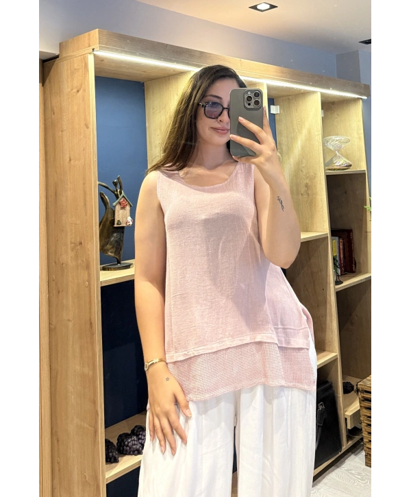 Eteği File Detaylı Kolsuz Keten Bluz Lila