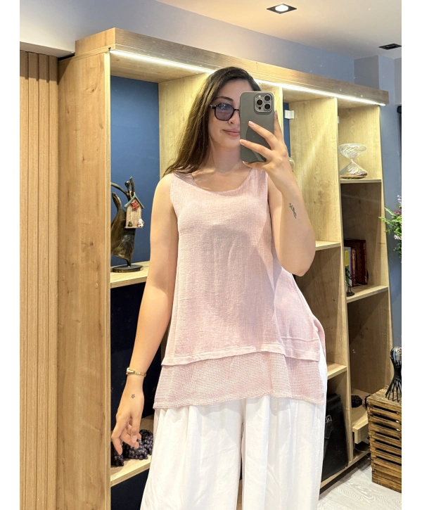 Eteği File Detaylı Kolsuz Keten Bluz Lila