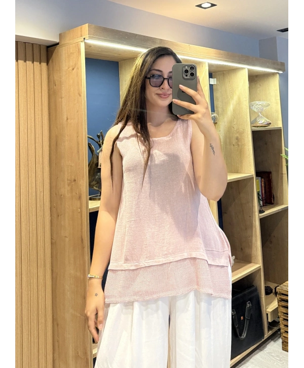 Eteği File Detaylı Kolsuz Keten Bluz Lila