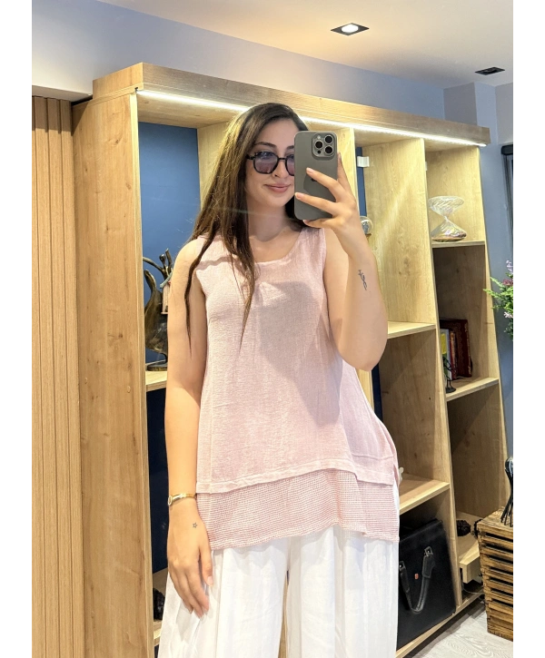 Eteği File Detaylı Kolsuz Keten Bluz Lila