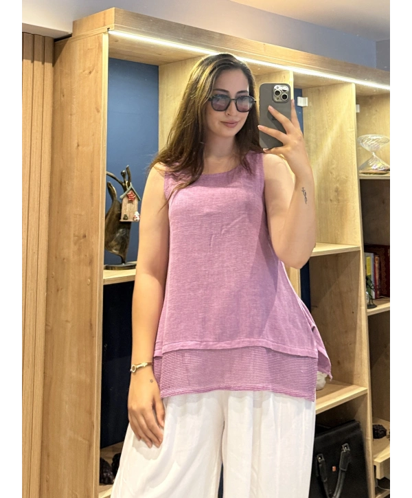 Eteği File Detaylı Kolsuz Keten Bluz Mor
