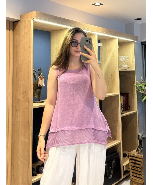 Eteği File Detaylı Kolsuz Keten Bluz Mor