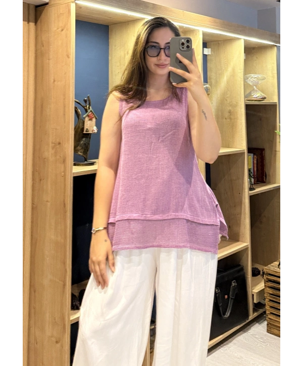 Eteği File Detaylı Kolsuz Keten Bluz Mor