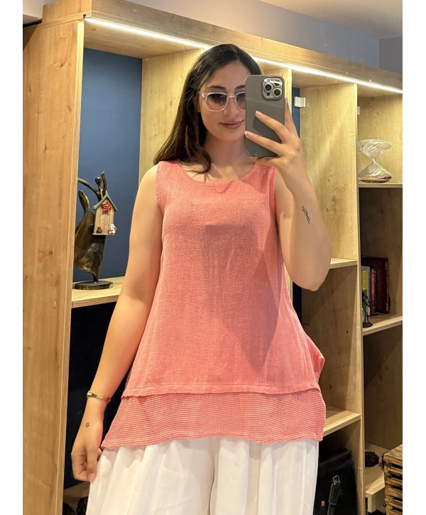 Eteği File Detaylı Kolsuz Keten Bluz Nar Çiçeği