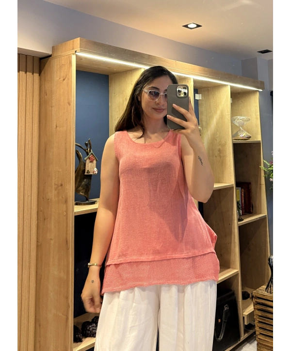 Eteği File Detaylı Kolsuz Keten Bluz Nar Çiçeği