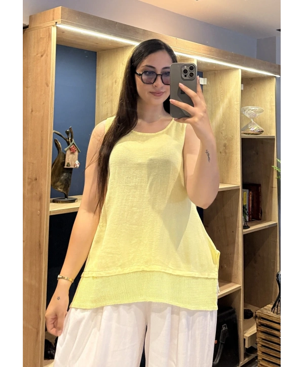 Eteği File Detaylı Kolsuz Keten Bluz Sarı