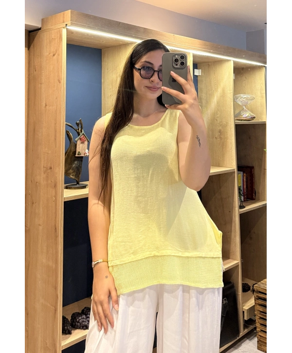Eteği File Detaylı Kolsuz Keten Bluz Sarı