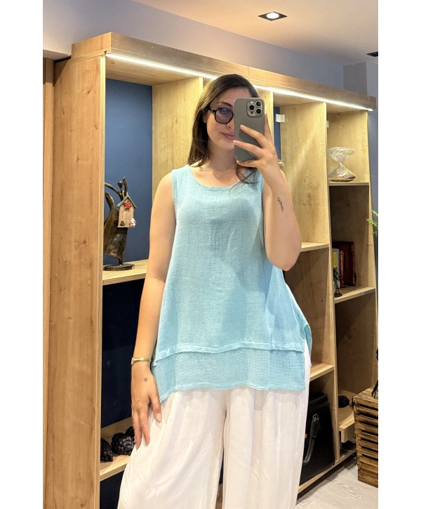 Eteği File Detaylı Kolsuz Keten Bluz Turkuaz