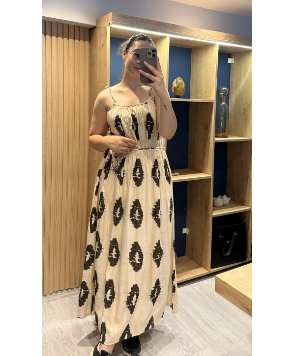 İp Askılı Bağlamalı Desenli Elbise Bej