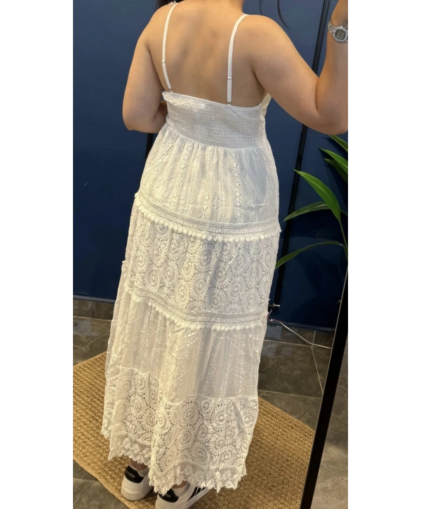 İp Askılı Uzun Taşlı Elbise 8820 Beyaz
