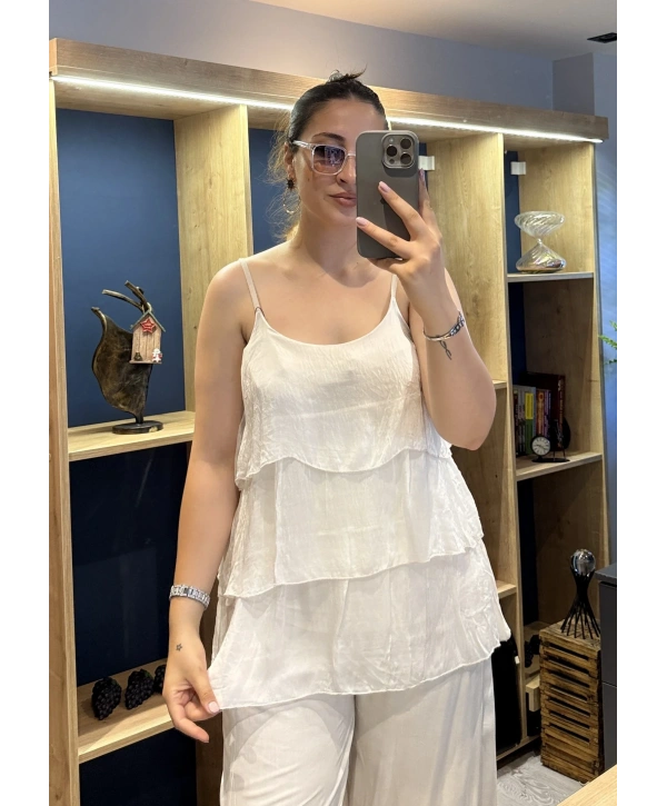 İtalyan Askılı Kat Kat İpek Bluz Bej