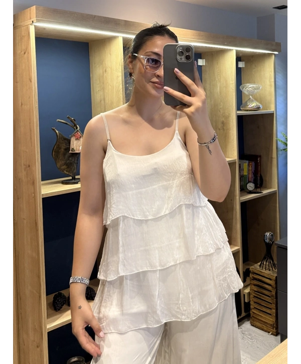 İtalyan Askılı Kat Kat İpek Bluz Bej
