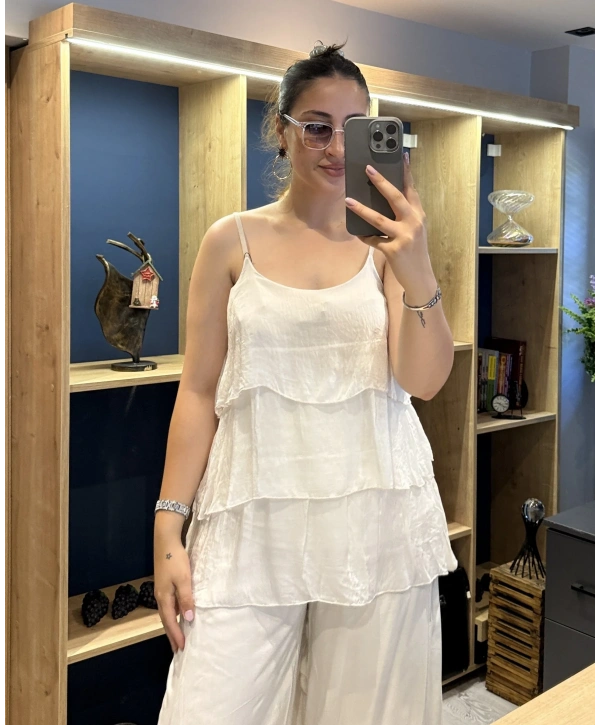 İtalyan Askılı Kat Kat İpek Bluz Bej