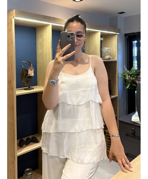 İtalyan Askılı Kat Kat İpek Bluz Bej